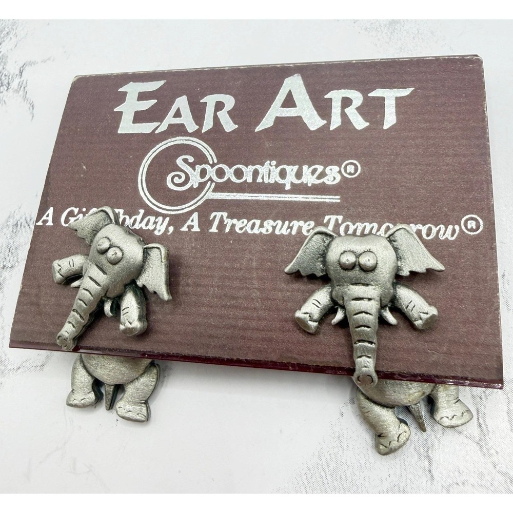 JJ Elephant Earrings Articulated Pewter Jonette Vintage Ear Art